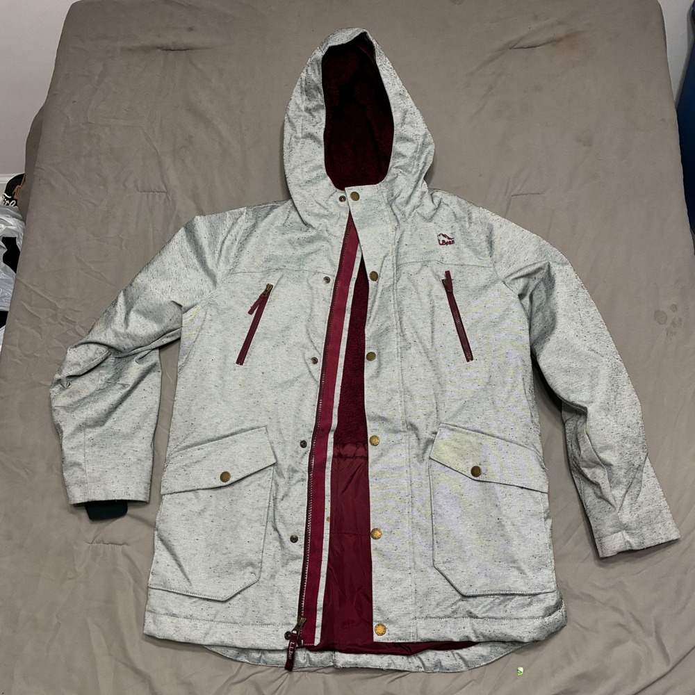 LL Bean Hooded Parka Jacket Grey Burgundy Sherpa Lined Girls Size L 14-16